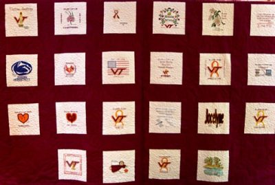 A memorial quilt was on display at the Alumni Museum at the Holtzman Alumni Center.