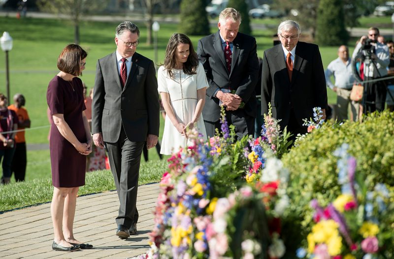 Virginia Gov. Terry McAuliffe, Virginia Tech President Tim Sands, and President Emeritus Charles Steger will participate in a wreath-laying ceremony prior to the 9:43 a.m. statewide moment of silence.
