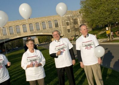 (From left) Karen DePauw, vice president and dean for the Graduate School; Virginia Tech President Charles W. Steger; and Ed Spencer, vice president of student affairs, stand near the start line at the Alumni Mall prior to the 3.2-Mile Run in Remembrance.