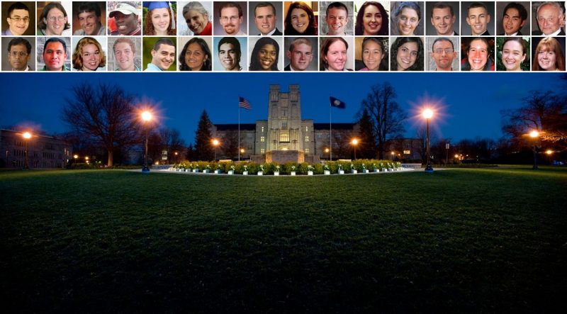 composite photo of the 32, above a nighttime view of the memorial and Burruss Hall
